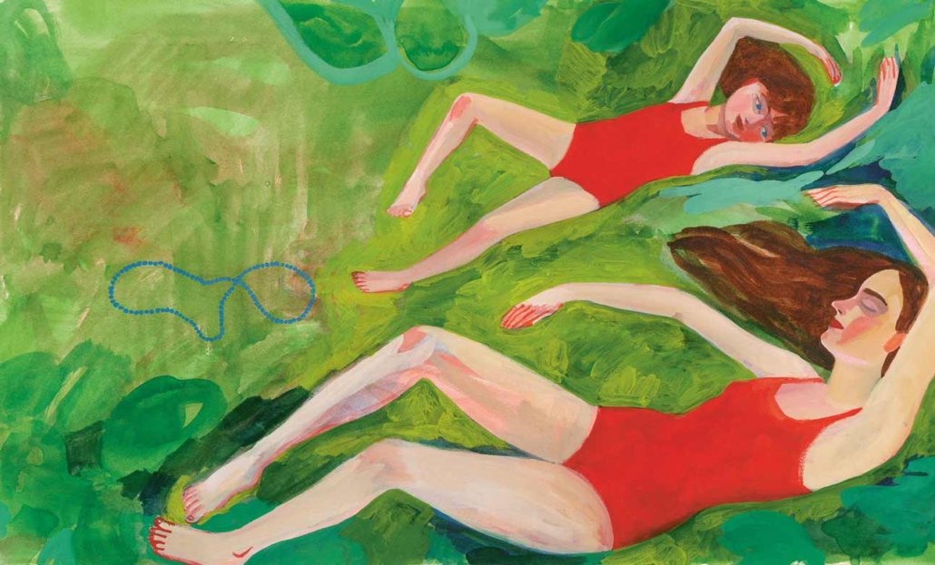Illustration ur boken Dyksommar visar en stor tjej och en liten tjej i röda baddräkter som låtsassimmar på rygg inpå grön gräsmatta