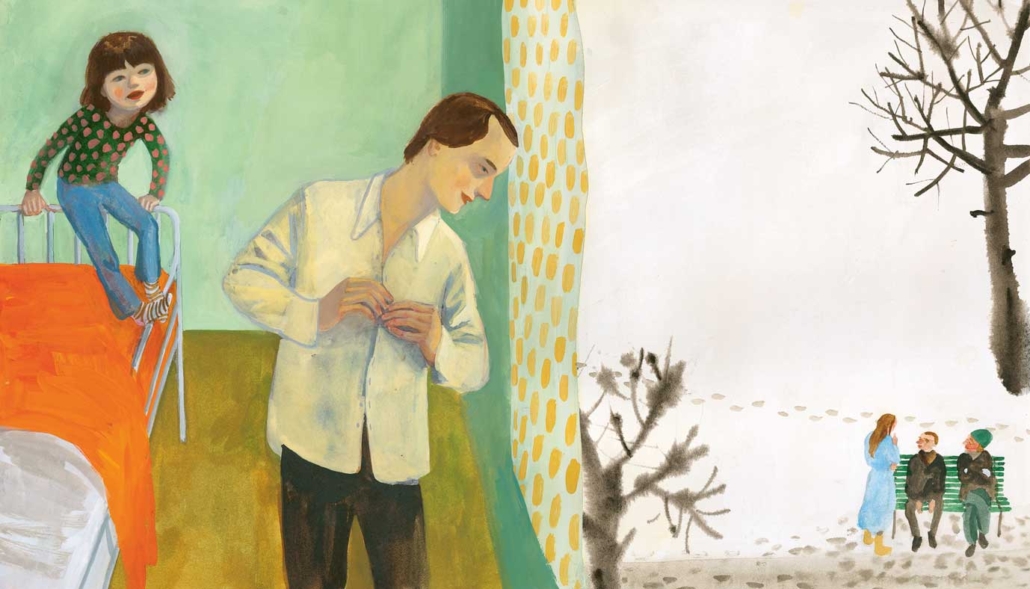 Illustration ur boken Dyksommar visar pappa och liten flicka i en sjukhussal, pappan tittar ut i parken där två personer på en bänk pratar med en tjej i blå morgonrock