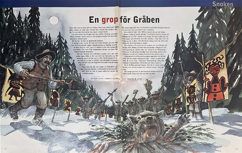 En bild av artikeln En grop åt Gråpben som visar arga varghetsare och ett vettskrämt varguhuvud i förgrunden som hetsats ner i en grupp i snön
