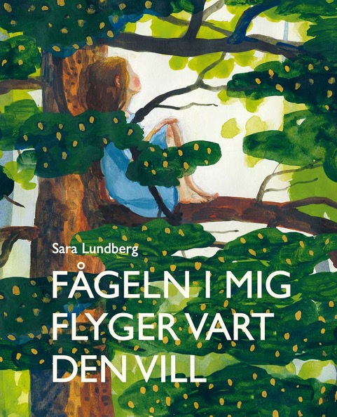 bokomslag visar teckning av flicka som sitter i mycket grönt träd och tittar upp mot en vit himmel