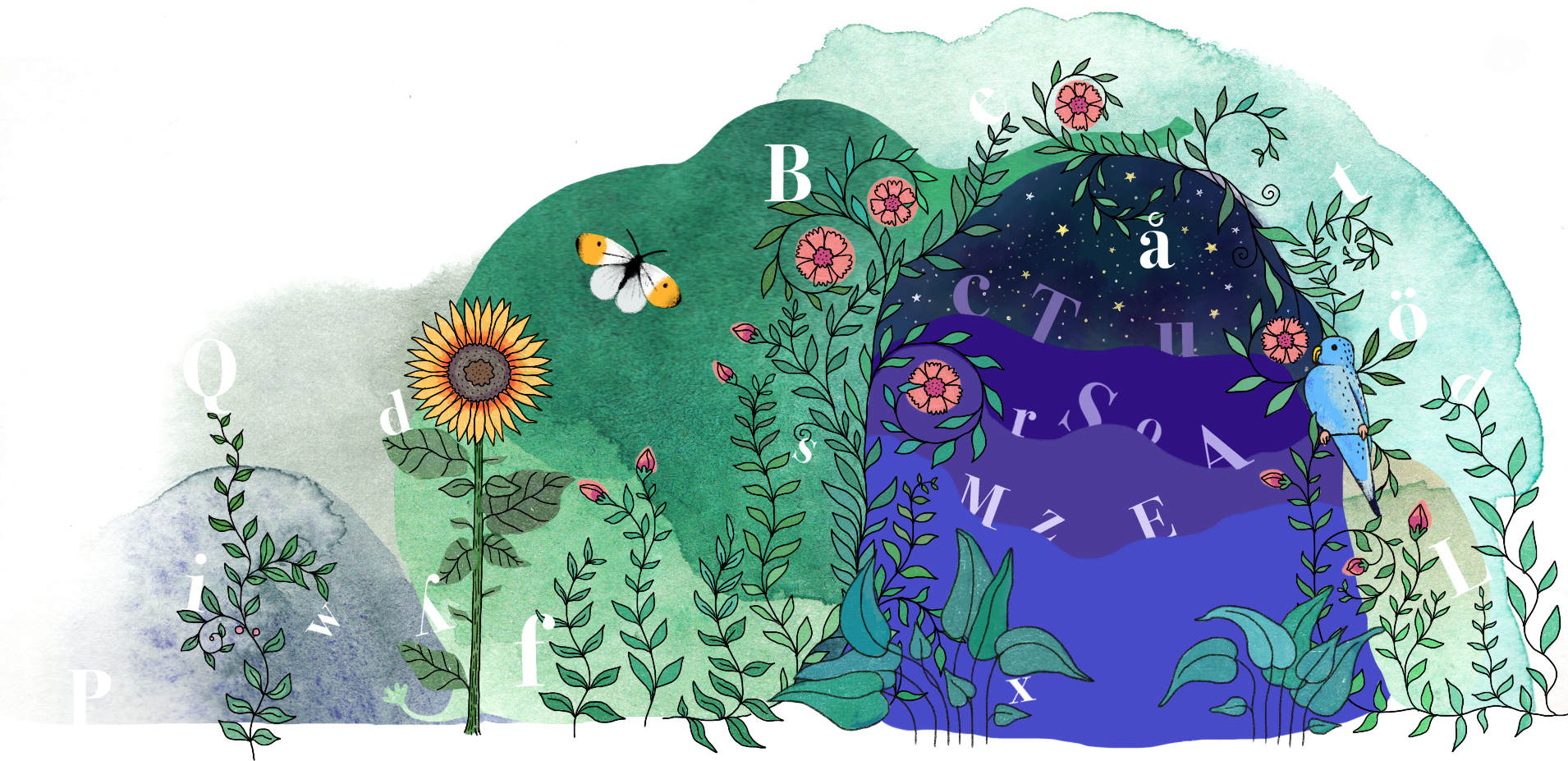 Illustration till rubriken och hemsidan barnboksportalen visar en muromgärdad blå portal som också omgärdas av slingrande blomstergirlanger och detaljteckningar av fjäril i gulvitt och solros och mossklädda stenar samt blå papegoja