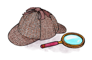 illustration av sherlock holmes hatt samt ett förstoringsglas