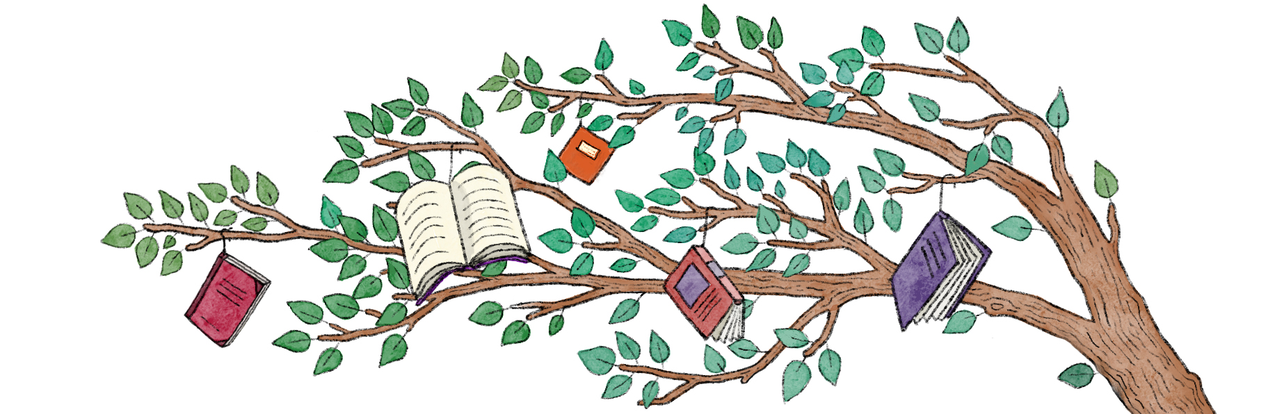 En illustrerad trädgren på vilken det hänger olikfärgade böcker