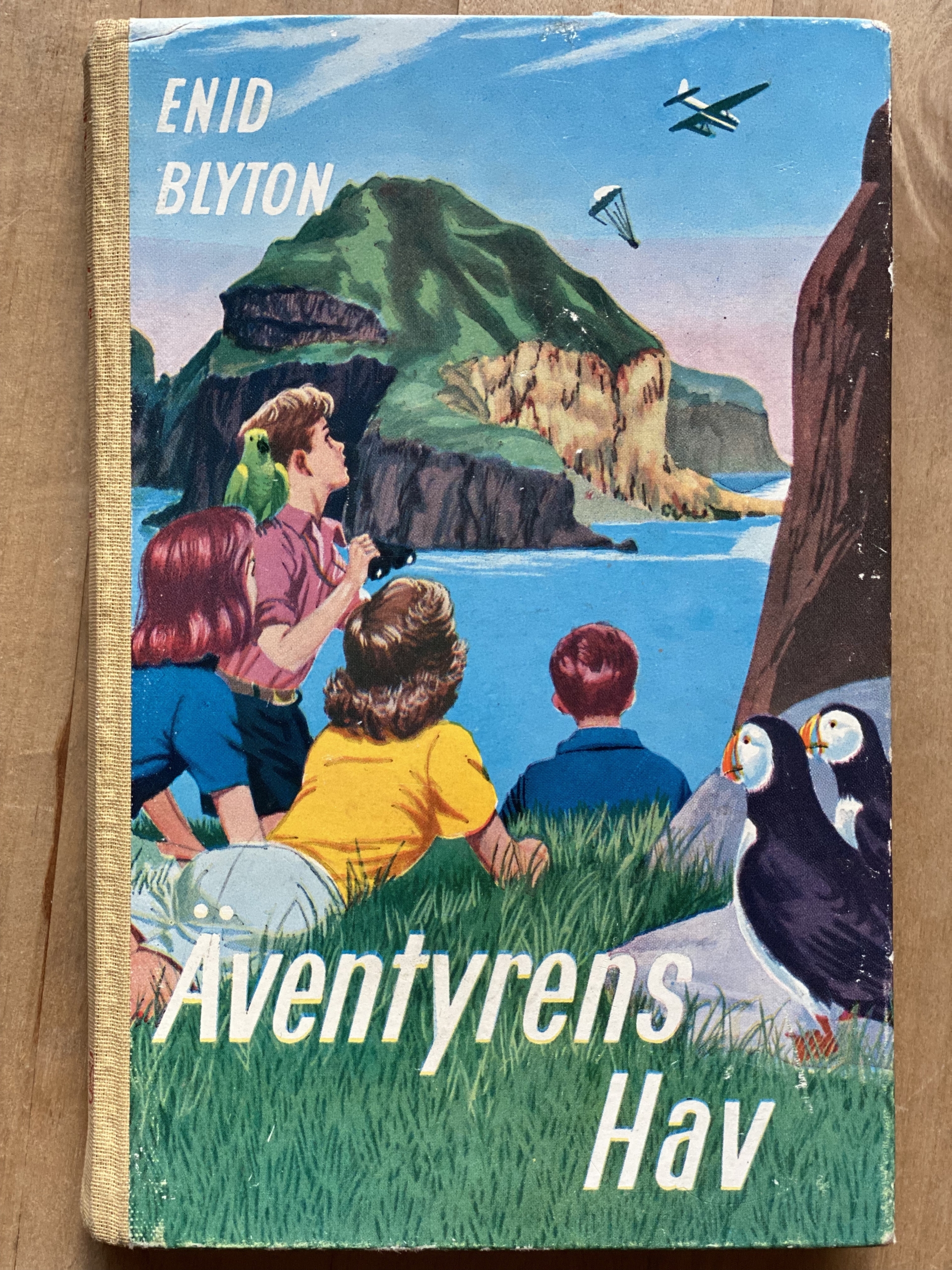 Bokomslag Äventyrens hav. Fyra barn sitter vid grässlänt och tittar ut över dramatisk skotskt hav med klippö mitt i havet och ett flygplan som släppt en fallskärm på himlen. Två färggranna lunnefåglar i ena kanten på omslaget.