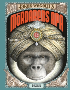 Omslagsbild på Mördarens apa, teckning av gorilla i indisk tjusig huvudbonad