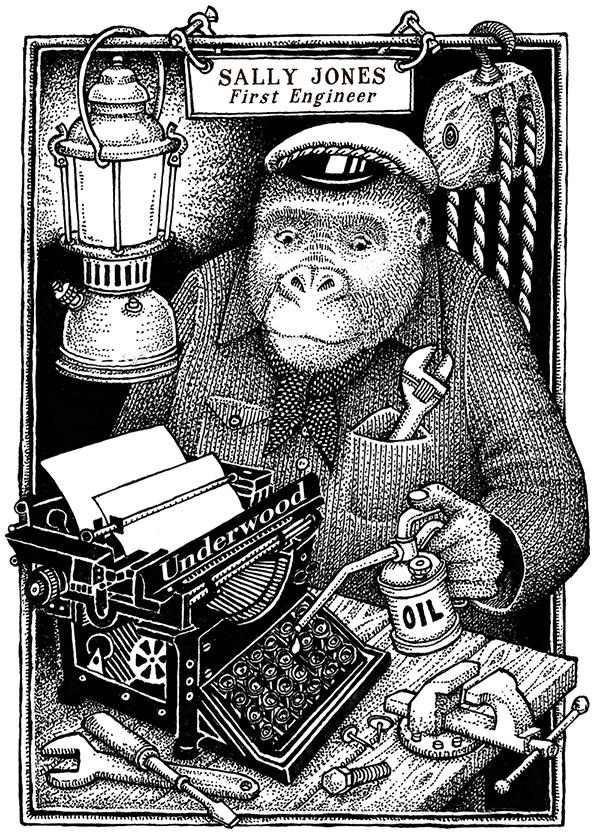 Teckning ur boken Mördarens apa, gorilla oljar skrivmaskinstangenter