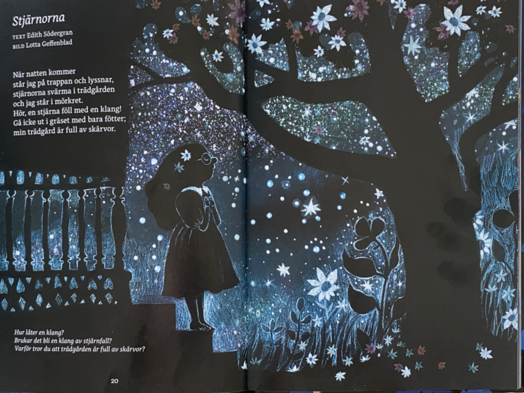 Illustration av en flicka som står i en mörk natt i trädgården och tittar på ett mörkt träd med vita blommor i grenarna och en massa stjärnor som glimmar runt trädet