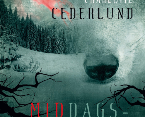 Bokomslag till Middagsmörker visar ett diffust varghuvud och ett skogsbryn i snö med spretande grenar i kanten av boken.
