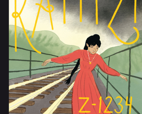 bokomslag till Katitzi av Katarina Taikon visar en tjej i röd klänning som balanserar på ett järnvägsspår med bokstaven z tecknat framför henne och siffror efter bokstaven.