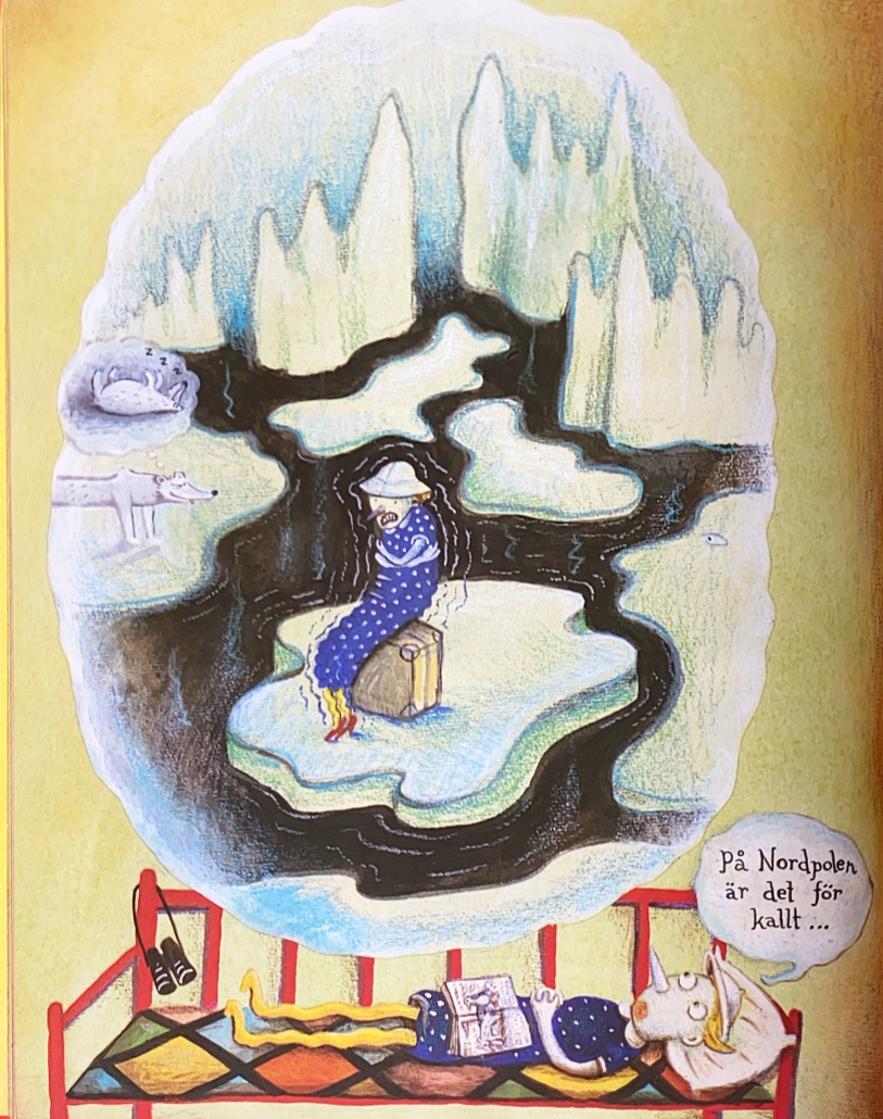 Bild ur bilderboken Resor jag aldrig gjort visar en tjejer som ligger på ett sofflock och ovanför henne finns en bildbubbla som visar hur hon huttrar på ett isflak i Arktis