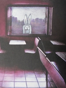 Illustration ur Om etta talar men endast med kaniner visar en kanin som tittar in genom en ruta på en lilafärgad restauranginredning