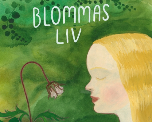 Bomokslag till En blommas liv visar en illustration av en flicka som blundar i röd klänning och framför henne ett humleblomster som bugar i vinden mot en lysande grön bakgrund