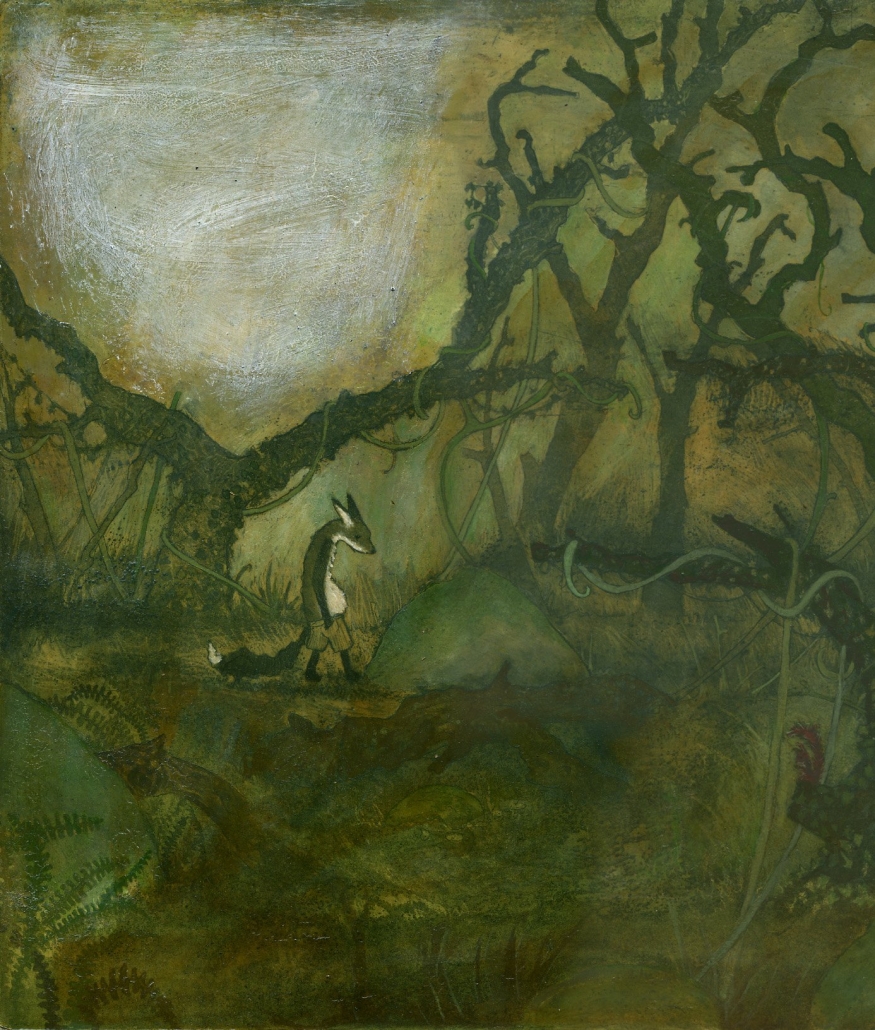 Illustration ur boken Gå och bada mister Räf, en räv vankar ledset omkring i en grönskimrande skog