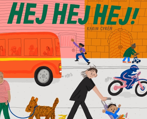 Bokomslag Hejhejhej visar en illustration i stark orange, rosa och med blå detaljer som visar en mamma som går med en barnvagn på gatan och på andra sidan syns en springande tjej och en tant med rullator