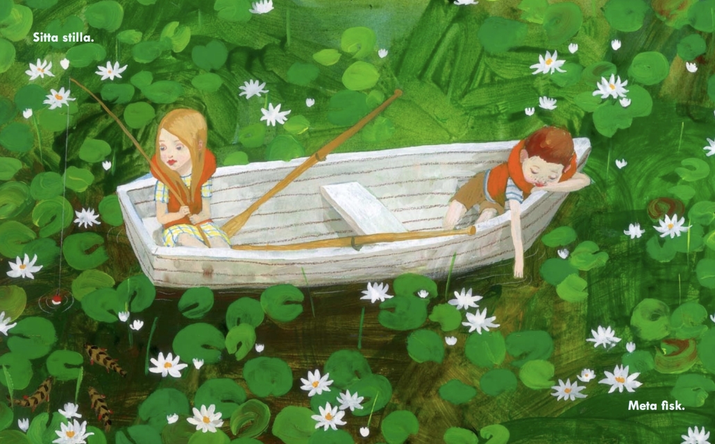 Illustration av två barn i vit eka i ett grönt hav med vita näckrosor