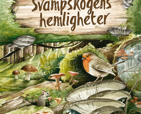 Bokomslag av Svampskogens hemligheter visar en rödhake som sitter på några svamphattar i en grön skog med olika svampar och en liggande trädgren där boktiteln är skriven på stammen.