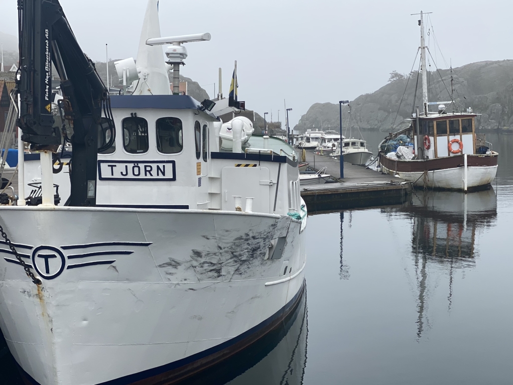 Bild på två fiskebåtar vid en brygga med klippor och vatten i bakgrunden och på den ena fiskebåten står namnet Tjörn