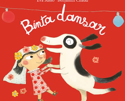 Bokomslag Binta dansar är i starkt rött och visar en svartvit hund som dansar med en flicka i rödvit klänning och en slöja med blommor på huvudet