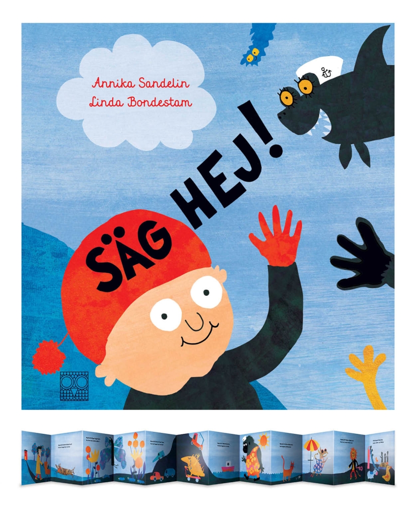 Bokomslag Säg hej visar illustration av killansikte med röd mössa som vinkar åt svart fågel i ena hörnet av boken