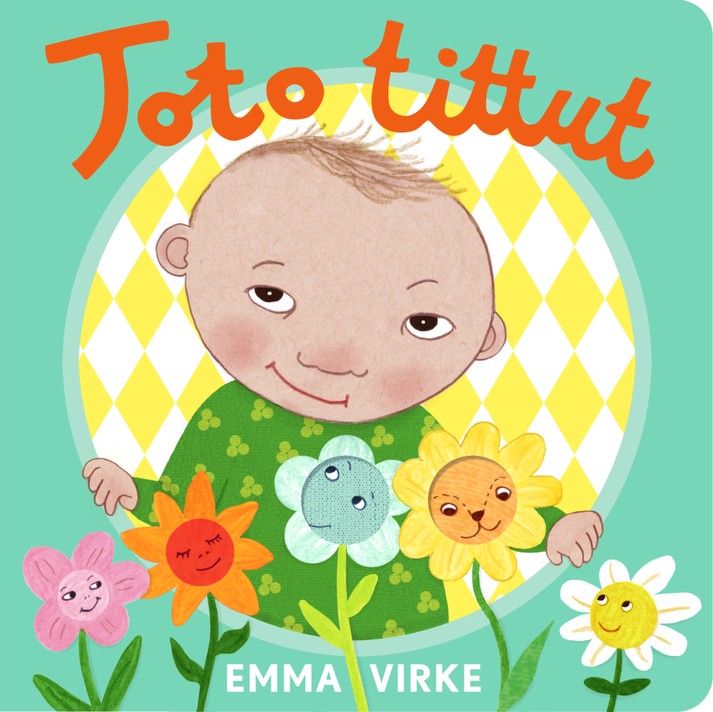 Bokomslag av Toto tittut visar liten pojke som tittar med stora ögon rakt fram och nederst i bilden finns små blommor som tittar på honom och åt alla håll
